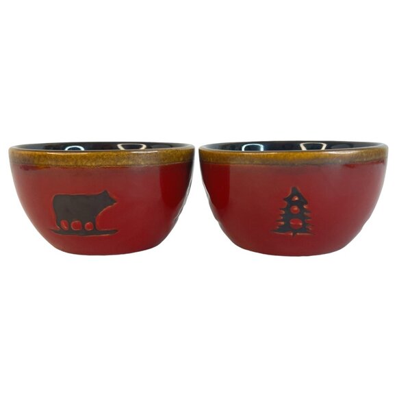 2 Home Studio Woodland Rustic Red Bowl Berry Set Bear Pine Tree 4.5 IN Ceramic - Picture 1 of 12